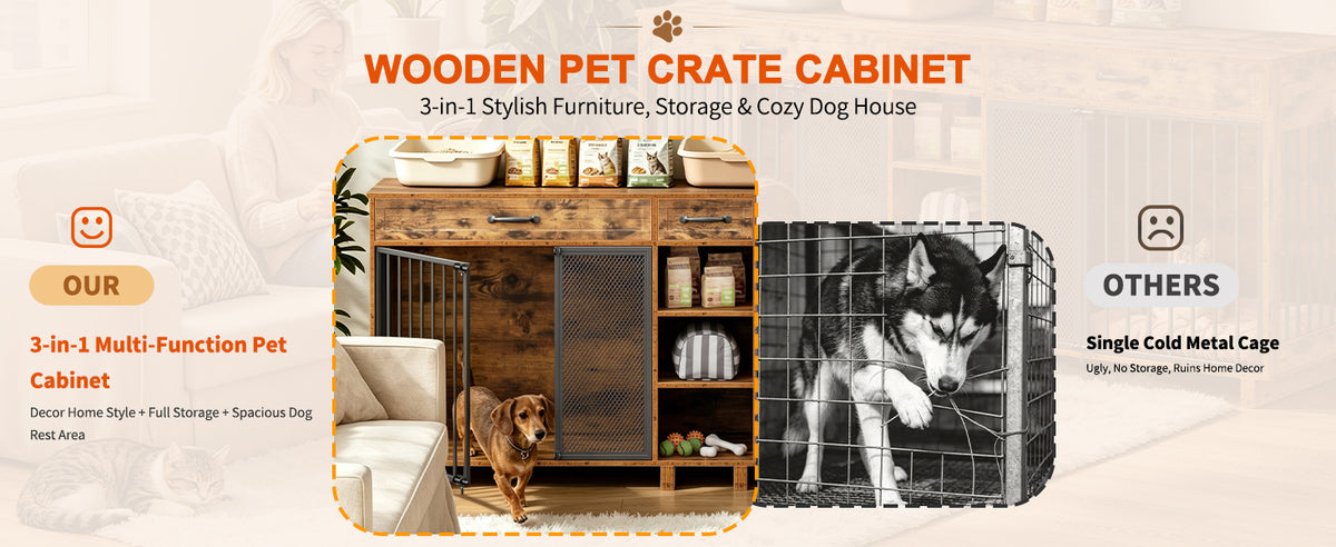 Large Wooden Double Dog Crate Furniture โ Storage Cabinet, Drawers, Shelves, Antique Brown โ view 6