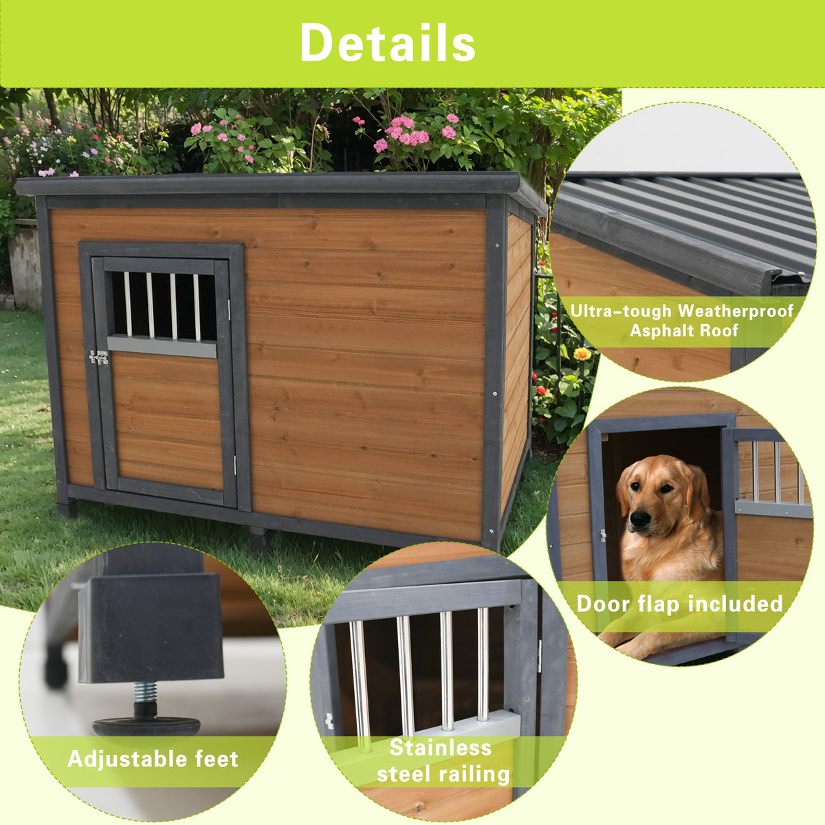 45 in Large Solid Wood Dog House โ Waterproof PVC Roof, Elevated Floor, Gray & Yellow โ view 5