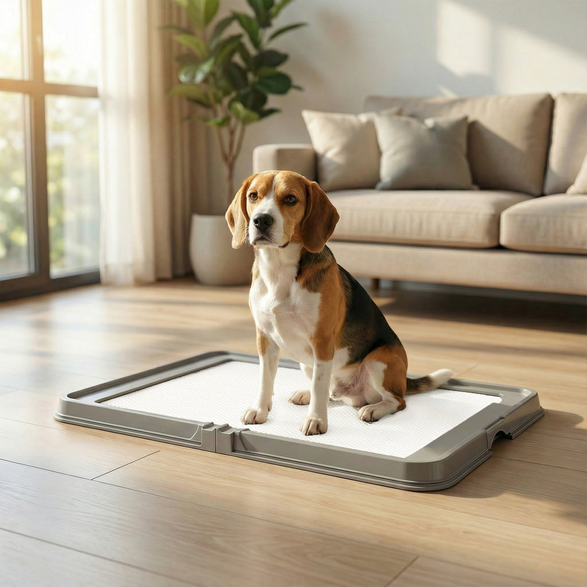 Foldable Dog Pee Pad Holder – 33.9 x 24.4 in Tray with Splash Wall & 3 Pads, Gray – view 2