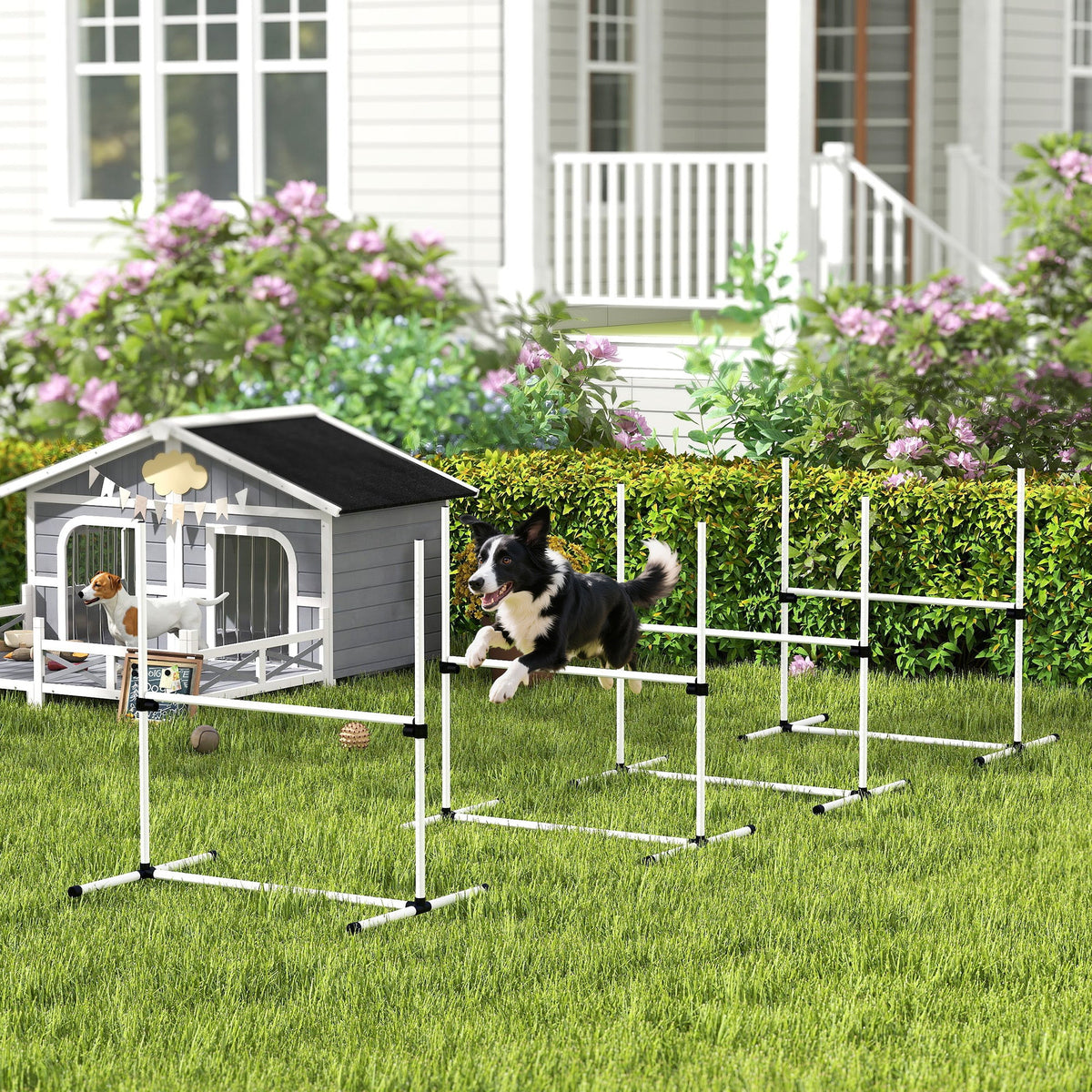 4-Piece Dog Agility Jump Set with Adjustable Height Bars, Displacing Top Bar and Carry Bag โ White