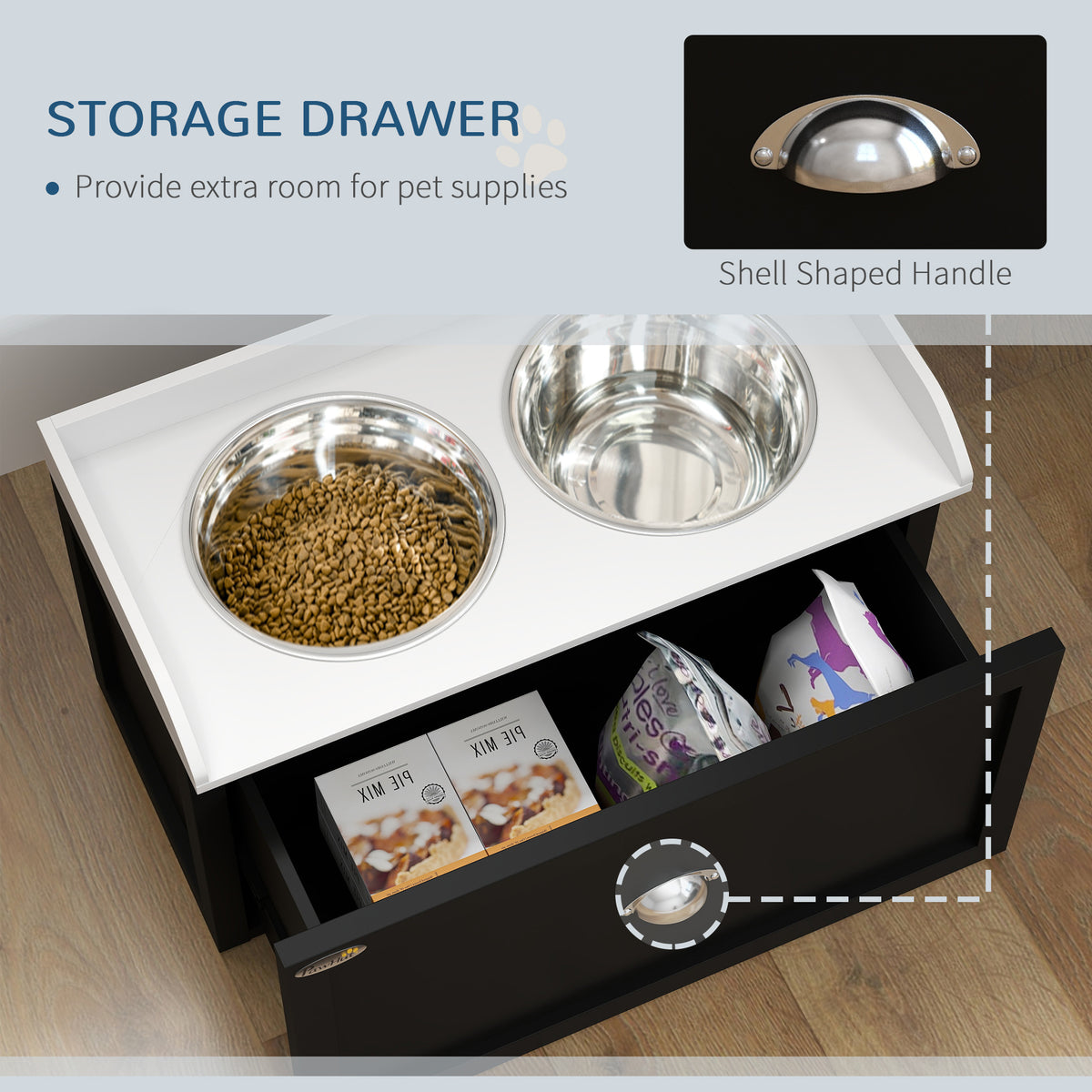 Elevated Dog Feeding Station with 21L Storage Drawer & 2 Stainless Steel Bowls, White and Black โ view 5