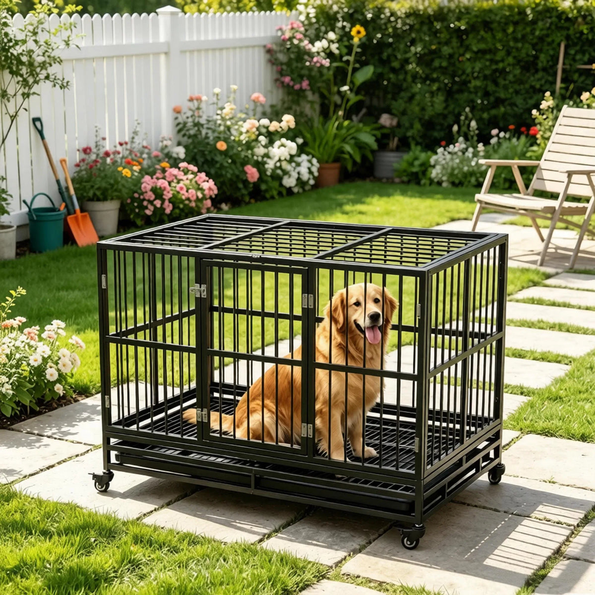 48 in Heavy-Duty Dog Crate with Locking Wheels โ Double Door, Removable Tray, Gray