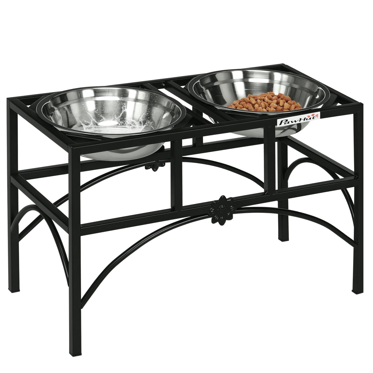 Elevated Double Dog Bowl Stand, Iron Frame with 2 Stainless Steel Bowls, 14 in Black and Silver โ view 9
