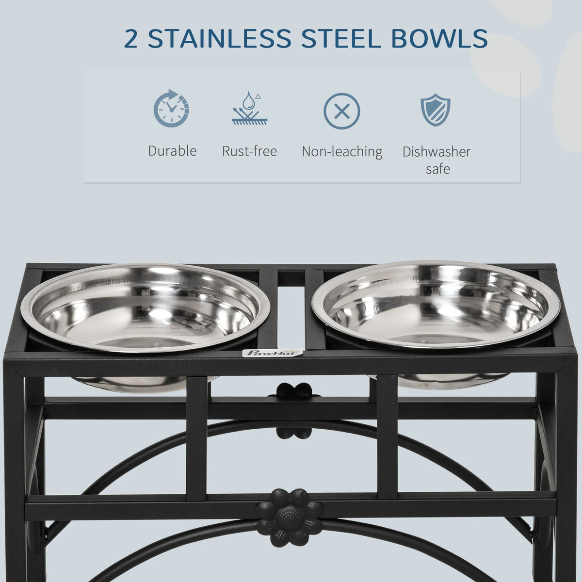 Raised Double Cat Bowl Stand with Iron Frame & 2 Stainless Steel Bowls, Black and Silver โ view 4