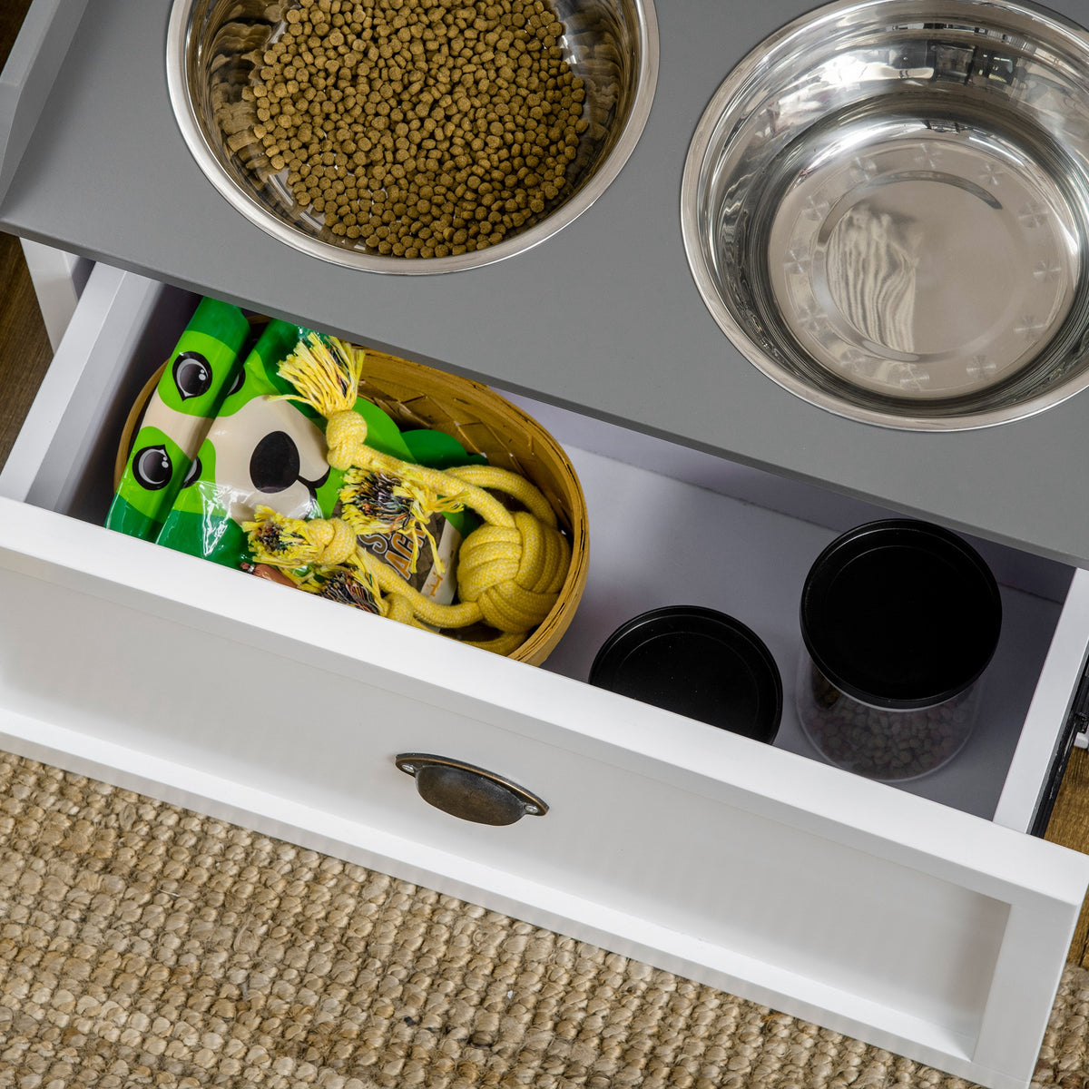 Elevated Dog Feeding Station with Sliding Storage Drawer – 2 Stainless Steel Bowls, White – view 8