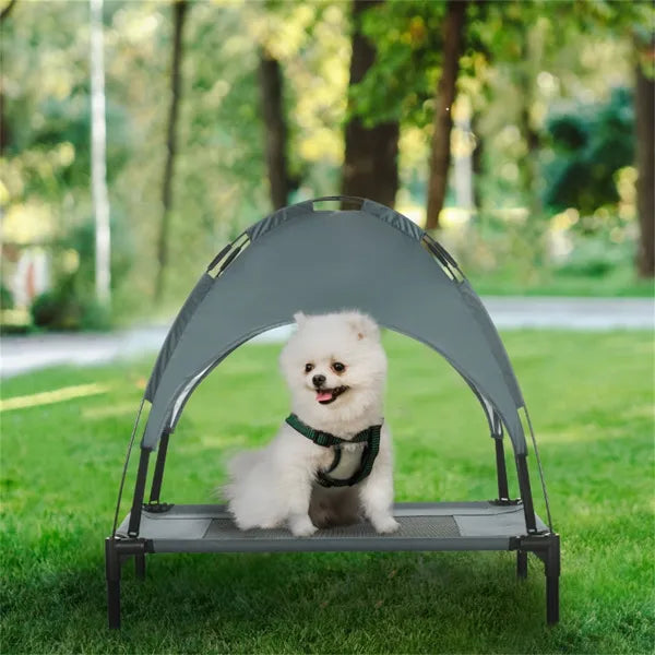 Elevated Dog Cot Bed with Canopy – Breathable Mesh, Steel Frame, Foldable with Travel Bag, Grey/Black