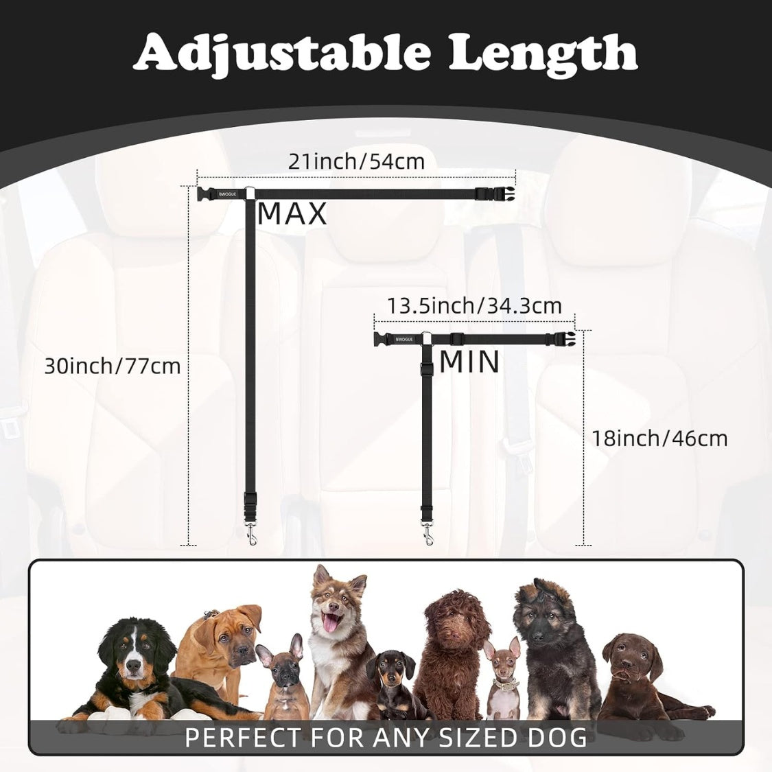 Dog Car Seat Belt Headrest Restraint 2-Pack – Adjustable 18–30 in Nylon Safety Leads, Black – view 2