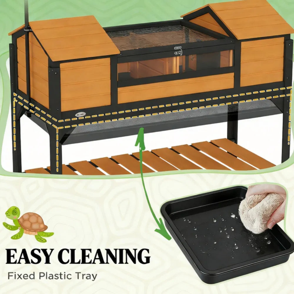 Wooden Tortoise House with Dual Hide Boxes, Divided Run & Lamp Holder, Yellow and Black โ view 6