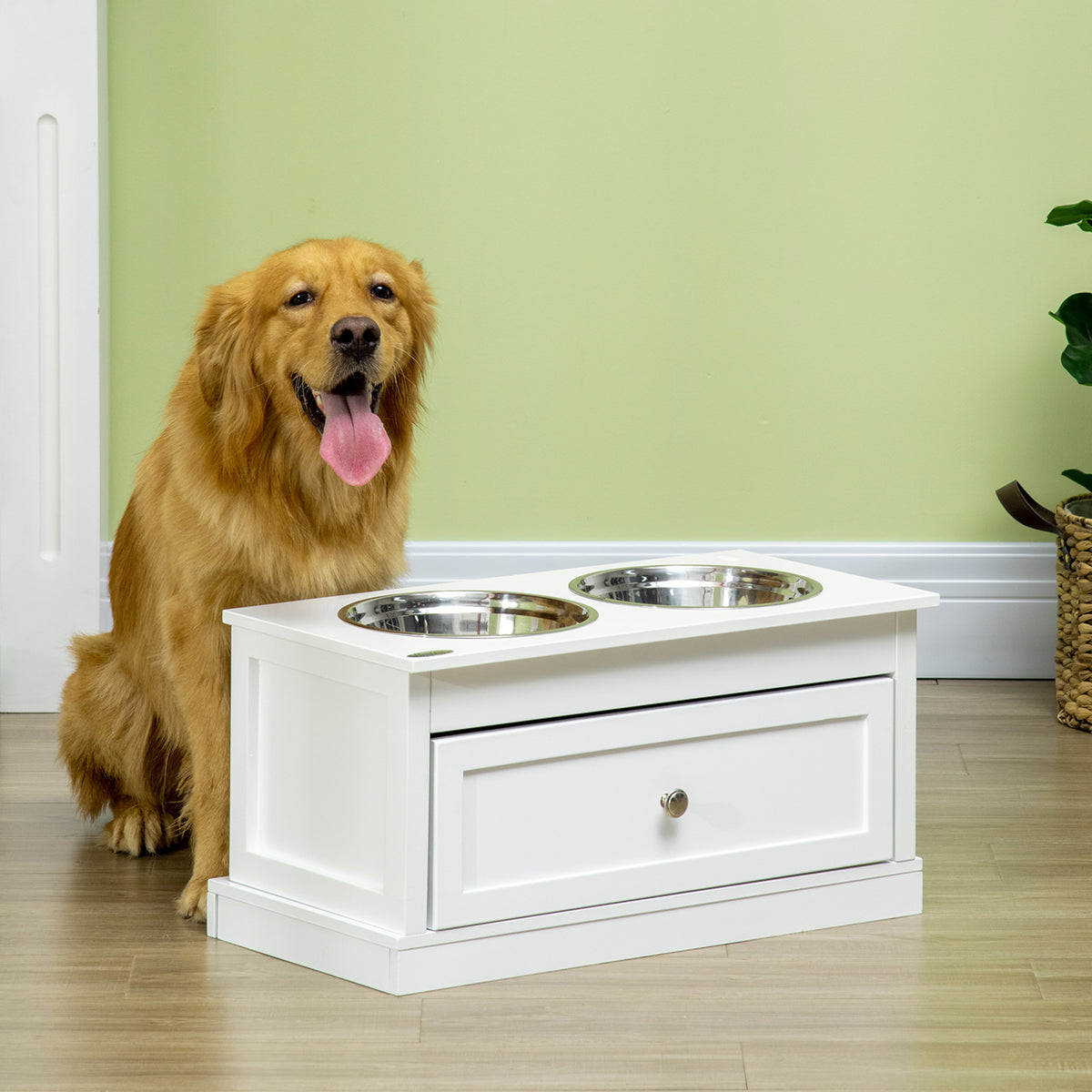 Elevated Dog Bowl Stand with 11L Storage Drawer & 2 Stainless Steel Bowls for Large Dogs, White