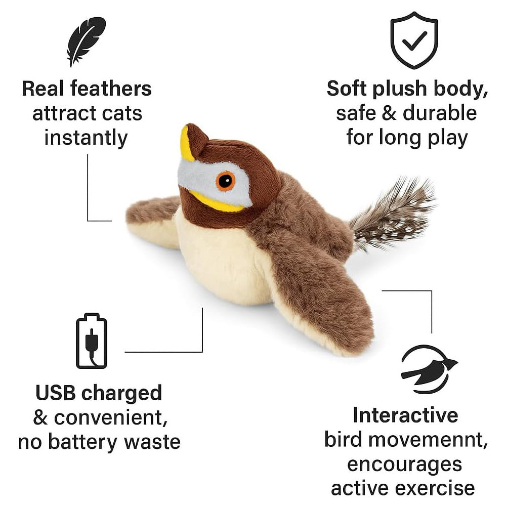USB Rechargeable Flapping Bird Cat Toy, Chirping Plush Sparrow with Real Feathers and Catnip โ view 2