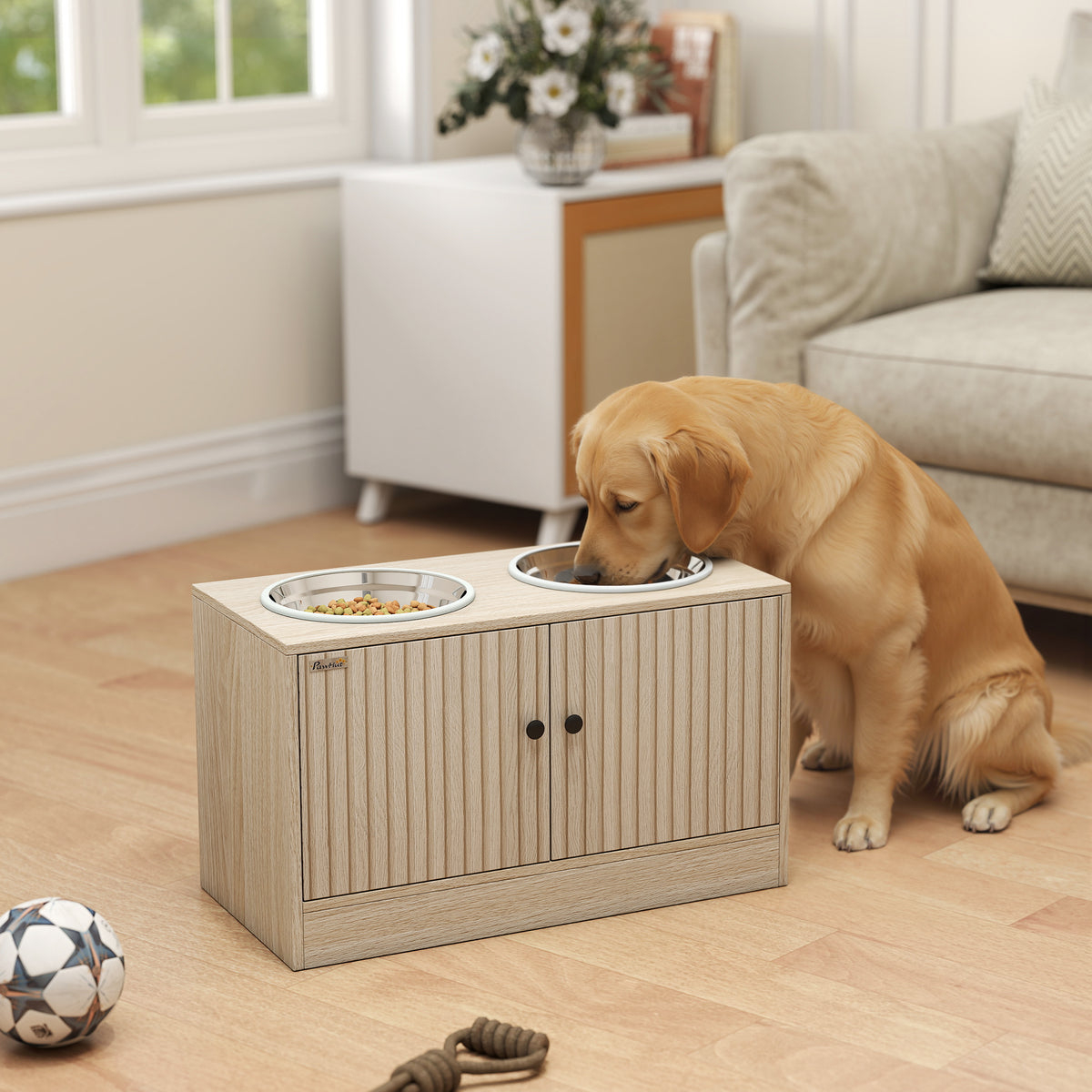 Elevated Dog Bowls with Storage Cabinet โ 2 Stainless Bowls & Slow Feeder Insert, Oak โ view 2