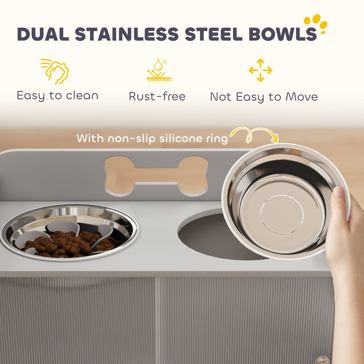 Elevated Dog Bowl Stand with Storage Cabinet, Acrylic Doors and Splash Guards for Large Dogs, Gray โ view 6
