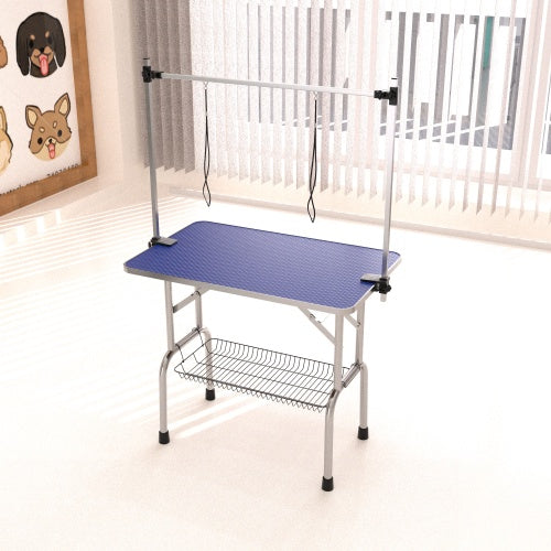 42-Inch Dog & Cat Grooming Table โ Stainless Steel Legs, Adjustable Arm & Storage Basket, Blue