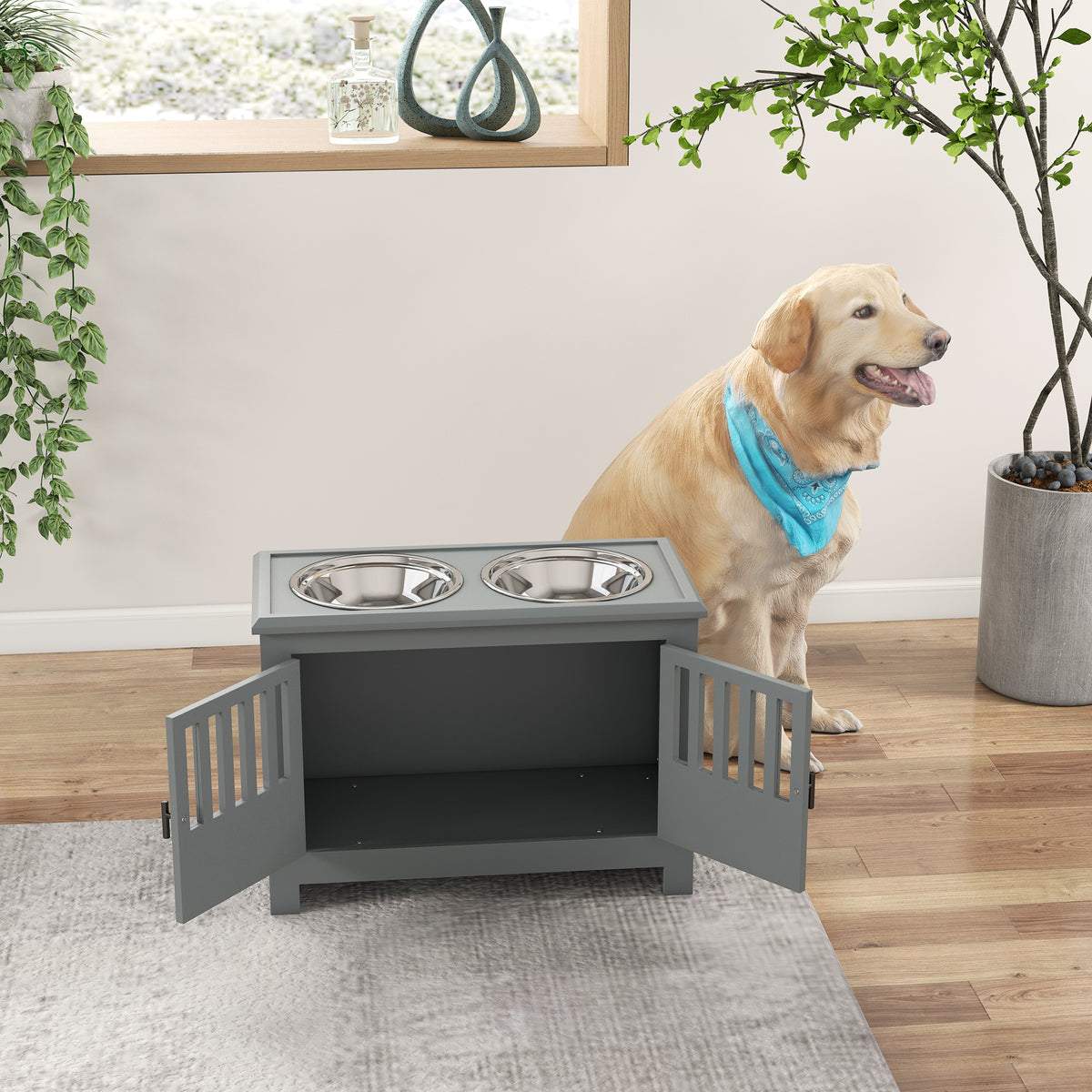 Raised Dog Feeding Station with 37L Storage Cabinet & 2 Stainless Steel Bowls, Gray โ view 8