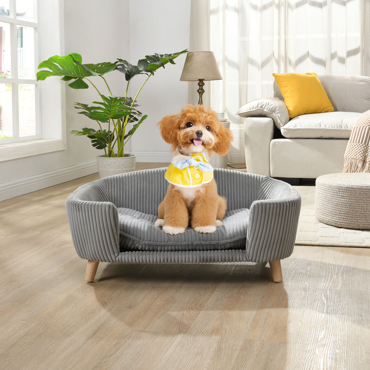 Elevated Dog Bed for Small Dogs โ Corduroy Couch, Rubber Wood Legs, Supportive Foam, Grey โ view 2