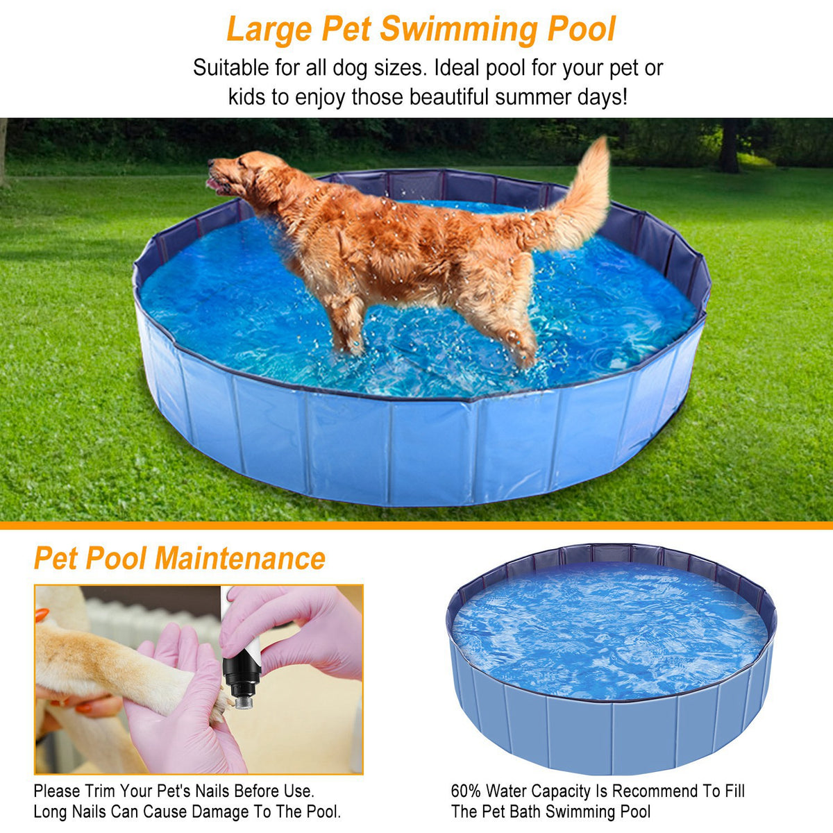 Foldable Pet Bathing Pool, 63 x 63 x 11.8 in โ PVC Dog Bath Tub with Drain Valve โ view 9