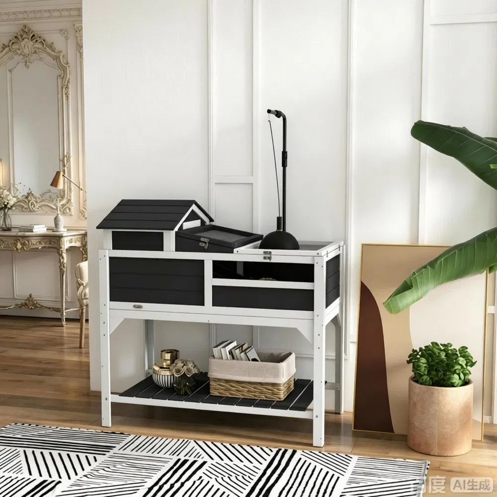 Two-Level Wooden Tortoise House with Run, Lamp Holder, Ramp & Storage Shelf, Gray and White โ view 6