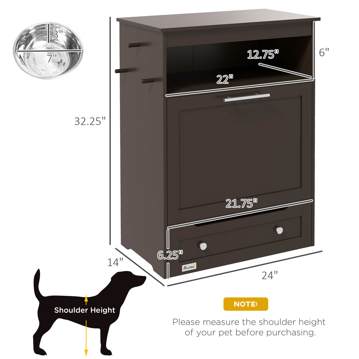 Pet Feeder Station Storage Cabinet with Pull-Out Bowl Drawer, Shelf & Leash Hooks, Brown โ view 3