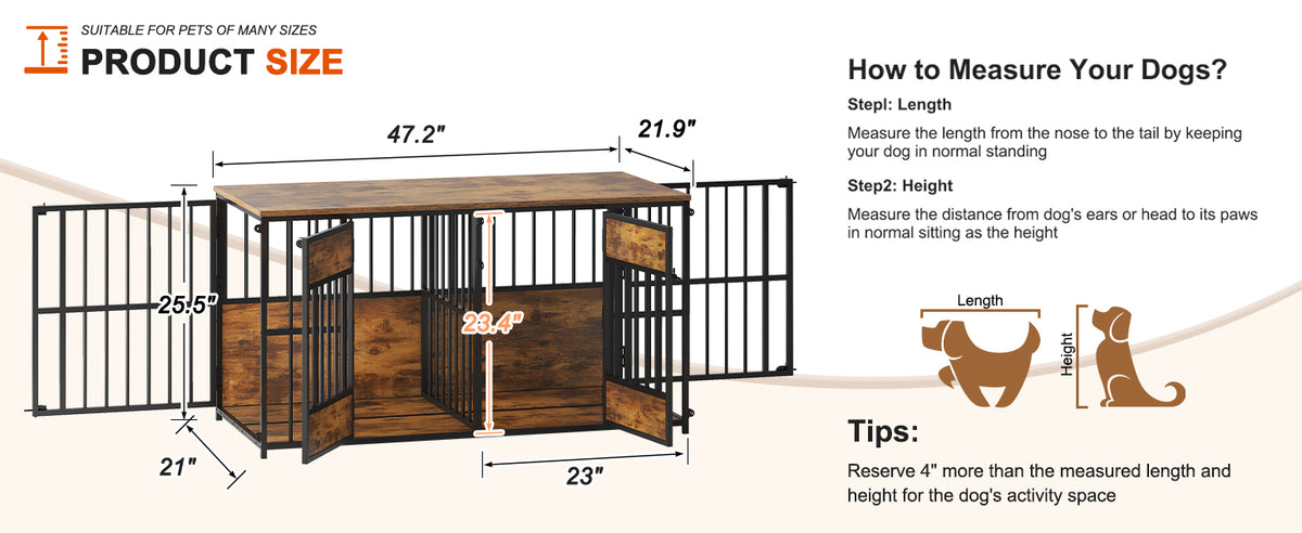 Wooden Dog Crate Furniture โ Large Indoor Kennel with Tabletop, Metal Bars, Antique Brown โ view 4
