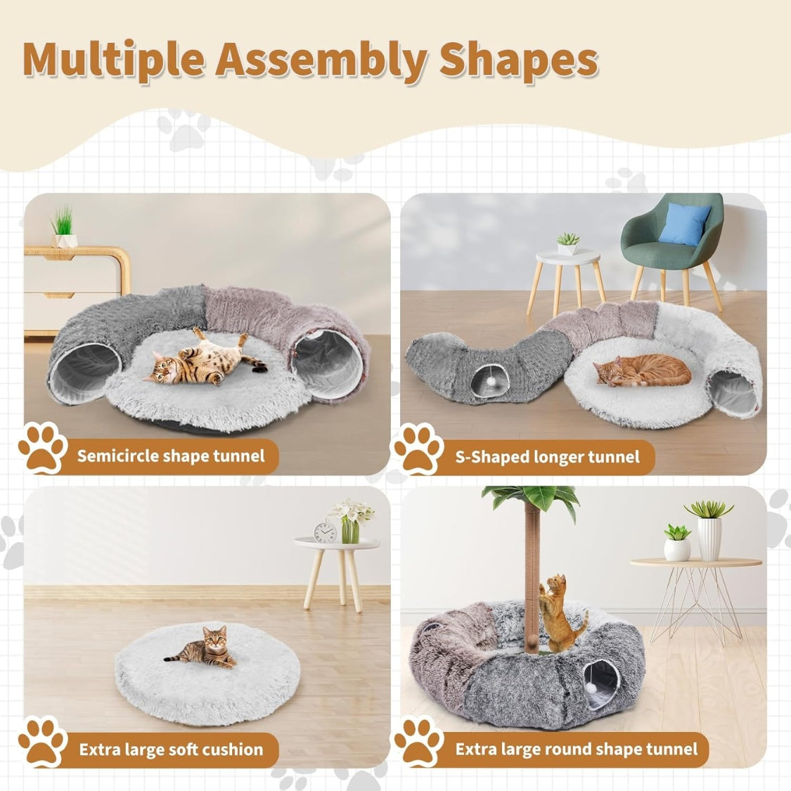 Large Plush Donut Cat Tunnel with Detachable Bed and 20 Cat Toys, 87 in, Gray โ view 5
