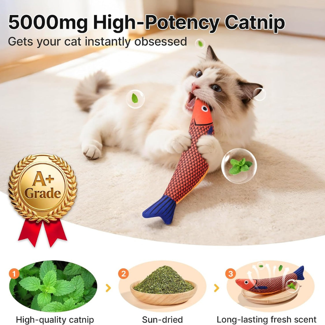 Catnip Saury Fish Kicker Cat Toys โ 3 Pack, Soft Plush with Crinkle Sound โ view 3