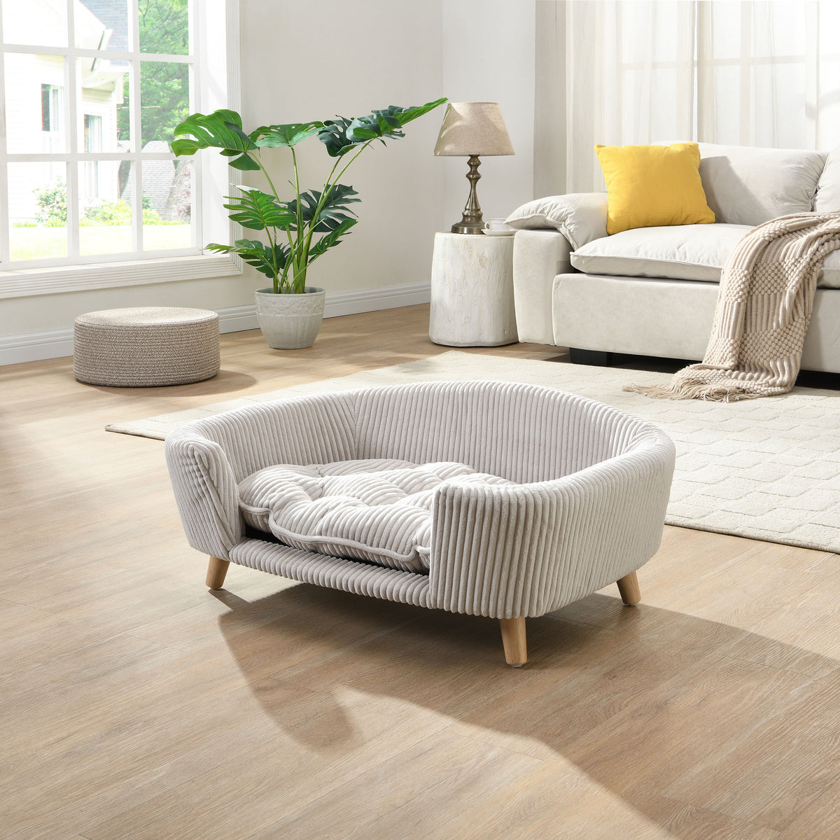 Elevated Dog Bed Frame for Small Dogs – Corduroy Pet Couch with Wood Legs, Beige – view 3