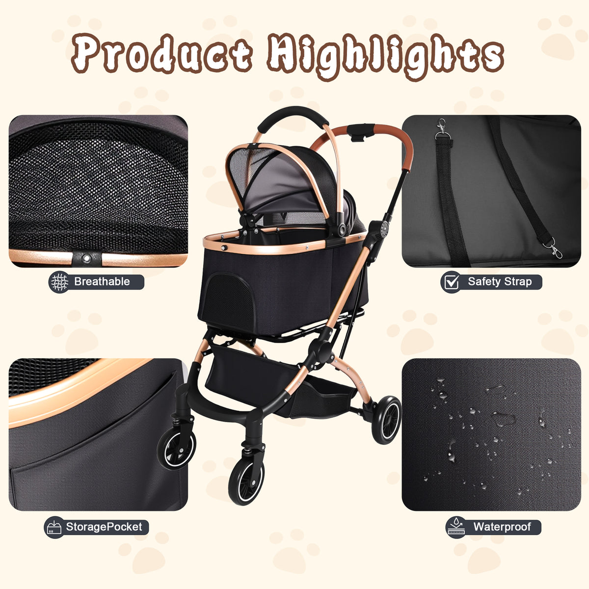 2-in-1 Detachable Pet Stroller – One-Hand Fold, Carry Basket, Sun Canopy, Storage Basket, Black – view 6