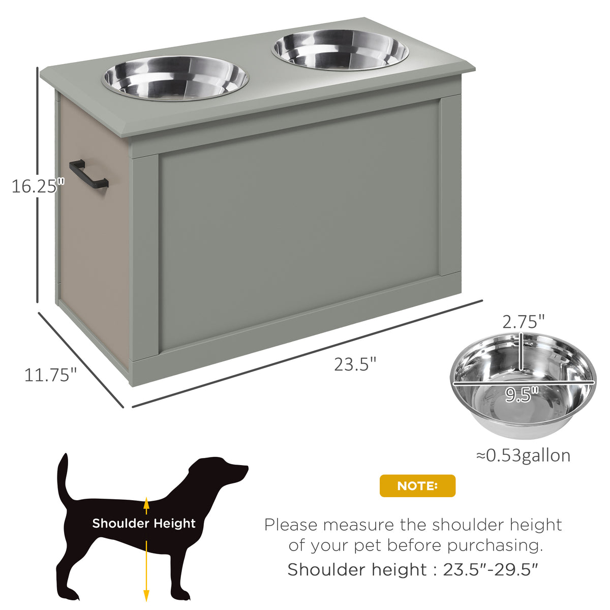 Raised Dog Feeder with Hidden Storage, Side Handles and 2 Stainless Steel Bowls for Large Dogs, Gray โ view 3