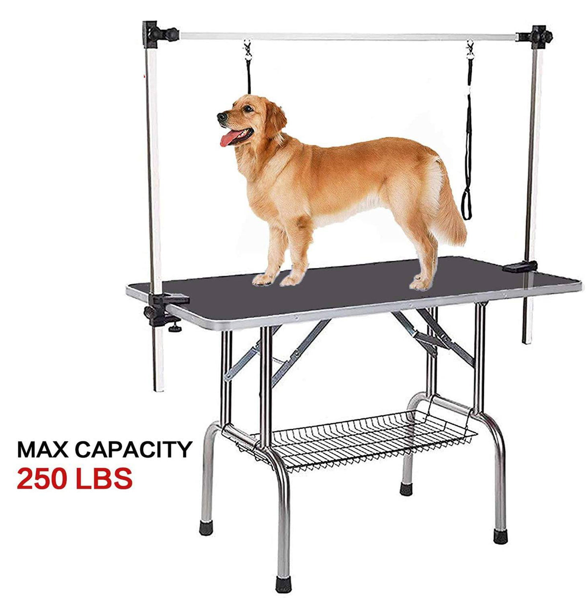Portable Folding Dog Grooming Table with Overhead Arm & Mesh Tray, 36 Inch, Black