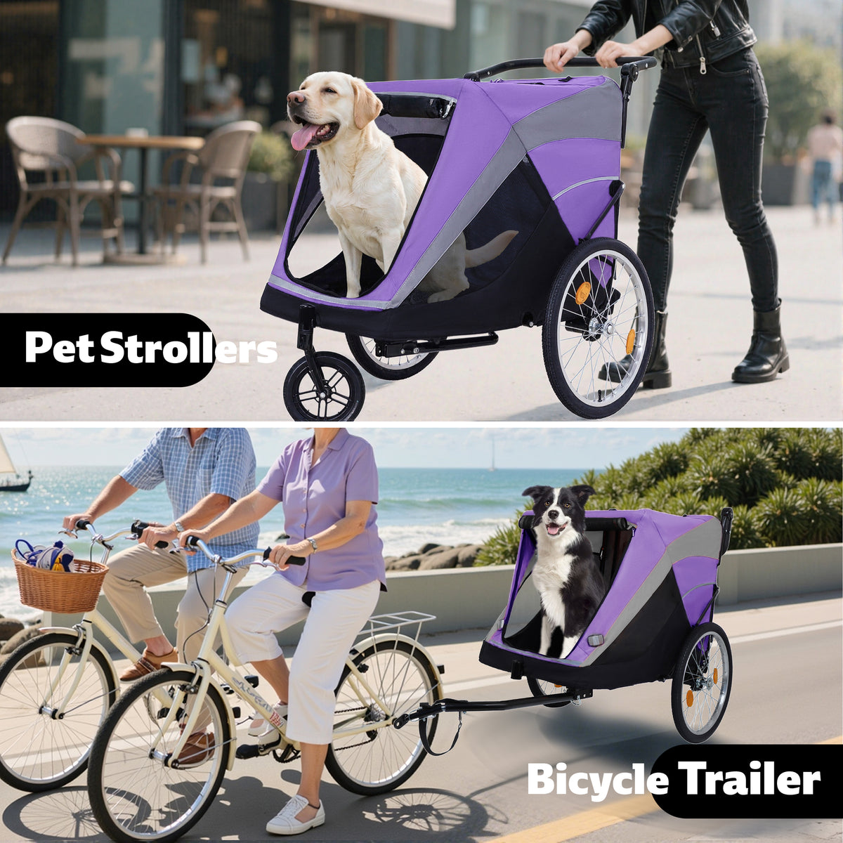 2-in-1 Dog Bike Trailer and Push Cart โ Quick-Release Wheels, Holds Up to 100 lbs, Purple and Black โ view 5