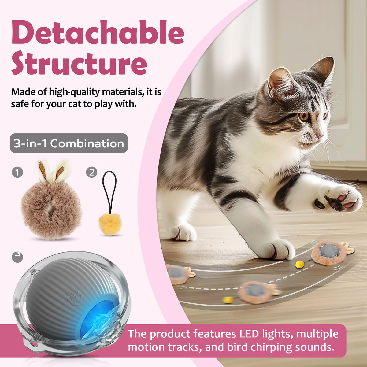Motion-Activated Moving Cat Ball with Lights, Fluffy Tail and Bunny Ears, 3 Speed Modes โ view 6