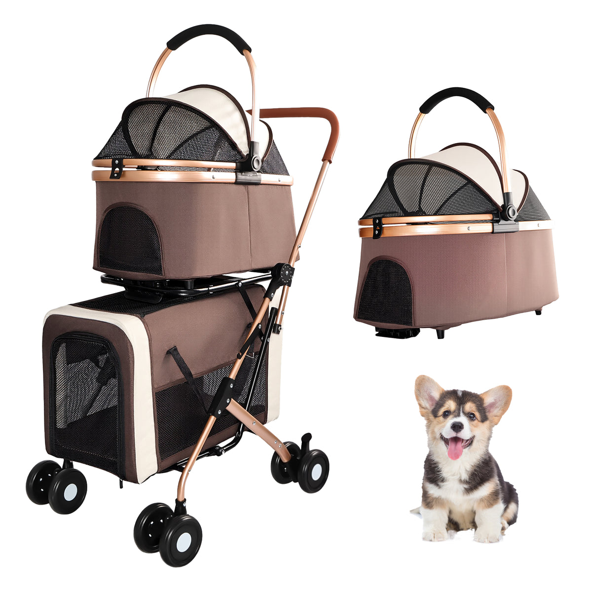 3-in-1 Double Pet Stroller – 2-Level Convertible Dog & Cat Stroller with Detachable Carrier & Tote