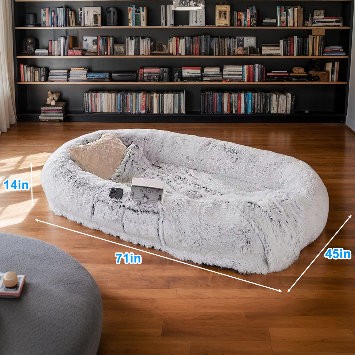 Human Dog Bed for People and Pets โ Washable Faux Fur Nap Bed, 71 x 45 x 14 in, Gray โ view 6