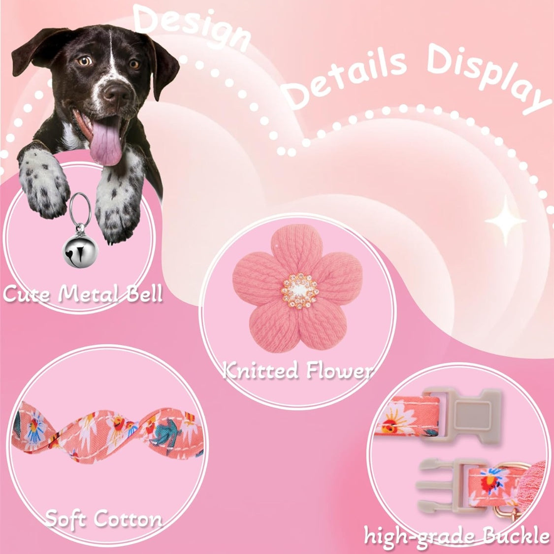 Flower Dog Collar with Bell โ Cute Floral Cotton Collar for Small Girl Dogs, Adjustable, Pink โ view 2