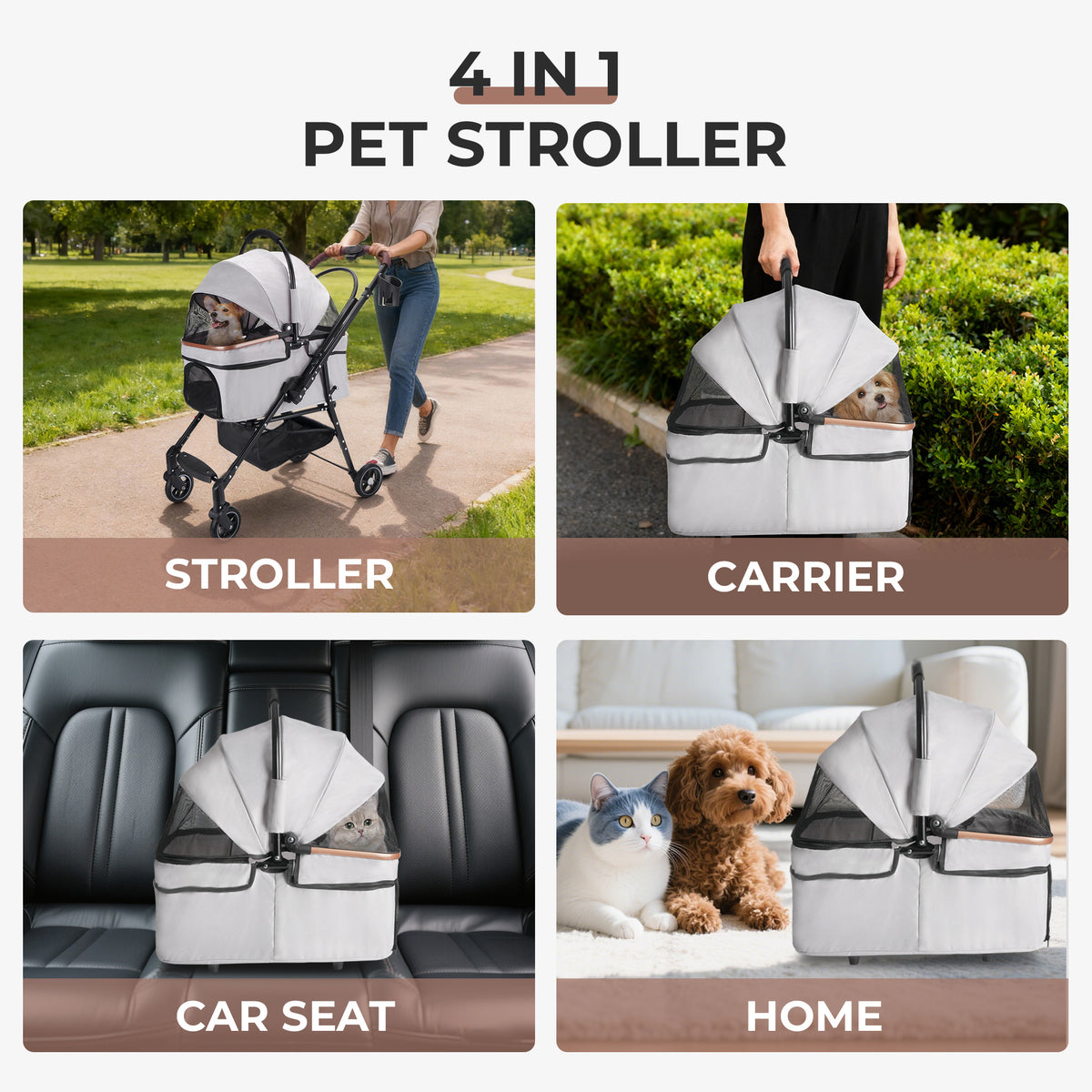 4-Wheel Foldable Pet Stroller – 360° Wheels, Detachable Carrier & Travel Bag for Small Dogs & Cats – view 8