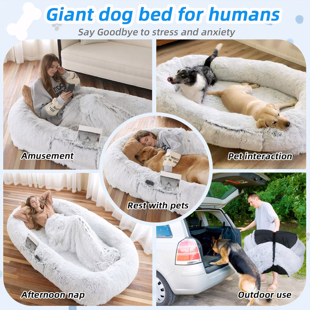 Human Dog Bed for People and Pets โ Washable Faux Fur Nap Bed, 71 x 45 x 14 in, Gray โ view 7