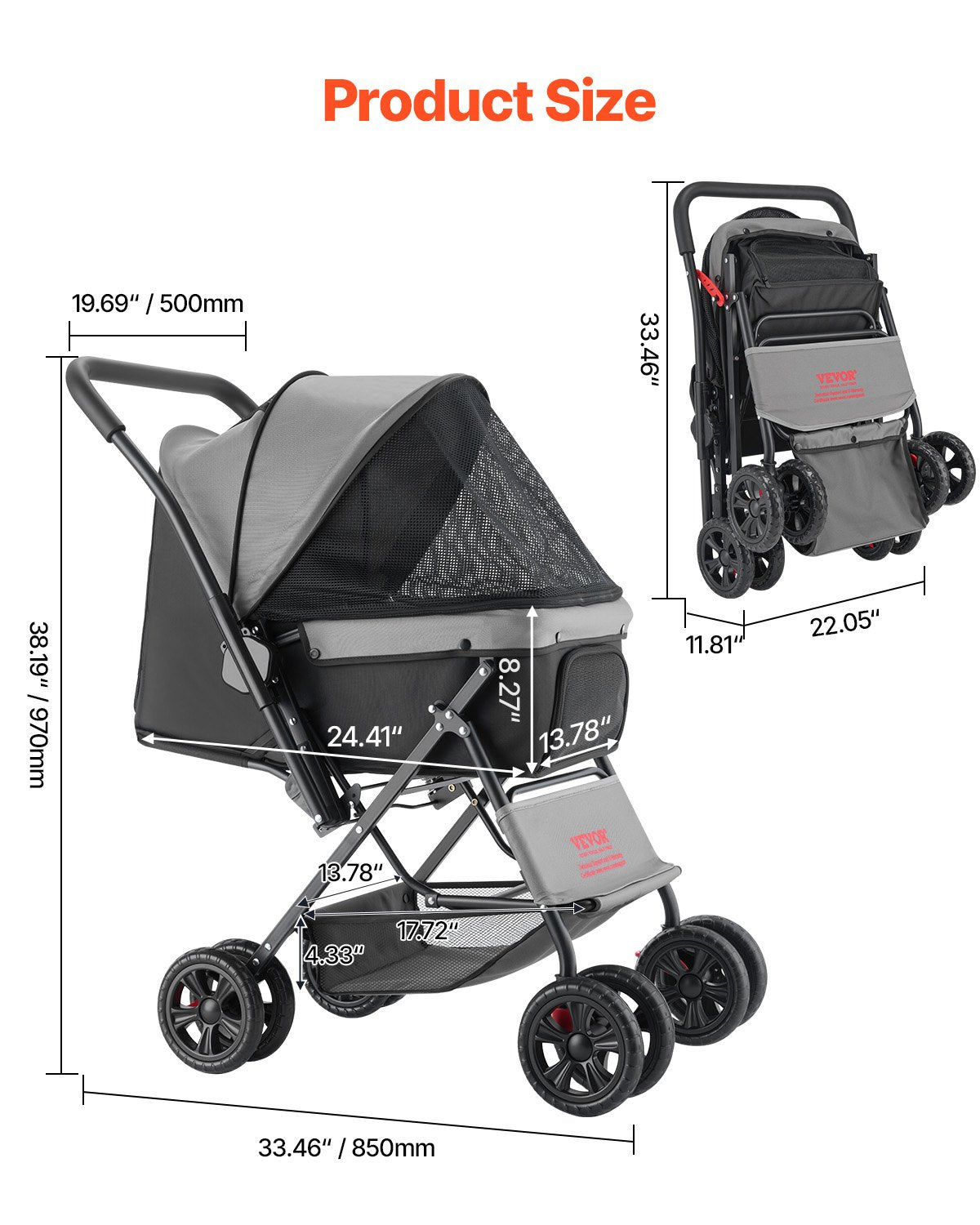 Foldable Dog Stroller with Reversible Handle โ 4-Wheel Pet Stroller for Dogs & Cats Up to 44 lbs โ view 2