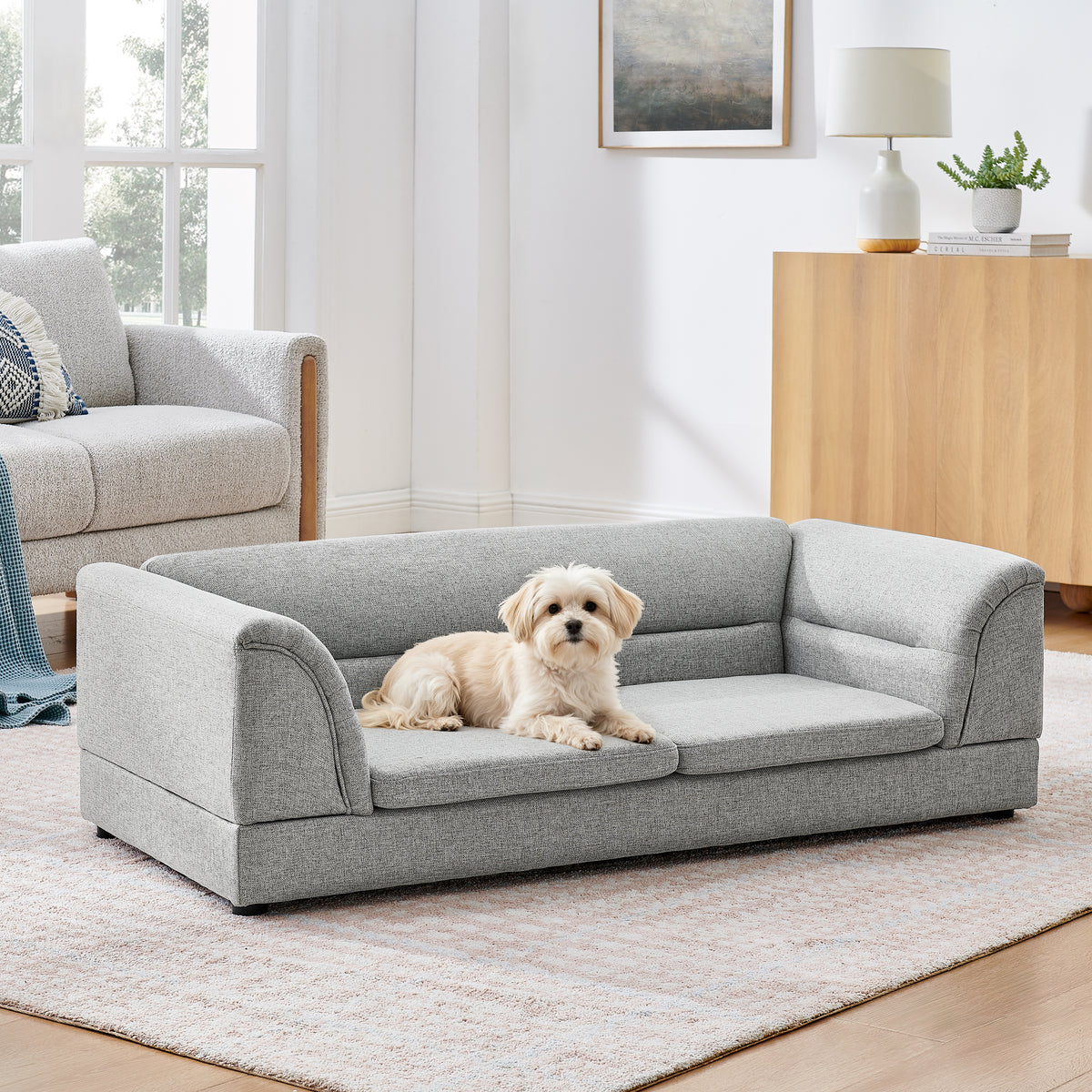 Oversized Linen Dog Sofa โ Curved Armrests, Raised Frame, Thick Cushion, for Large Dogs, Light Grey โ view 3
