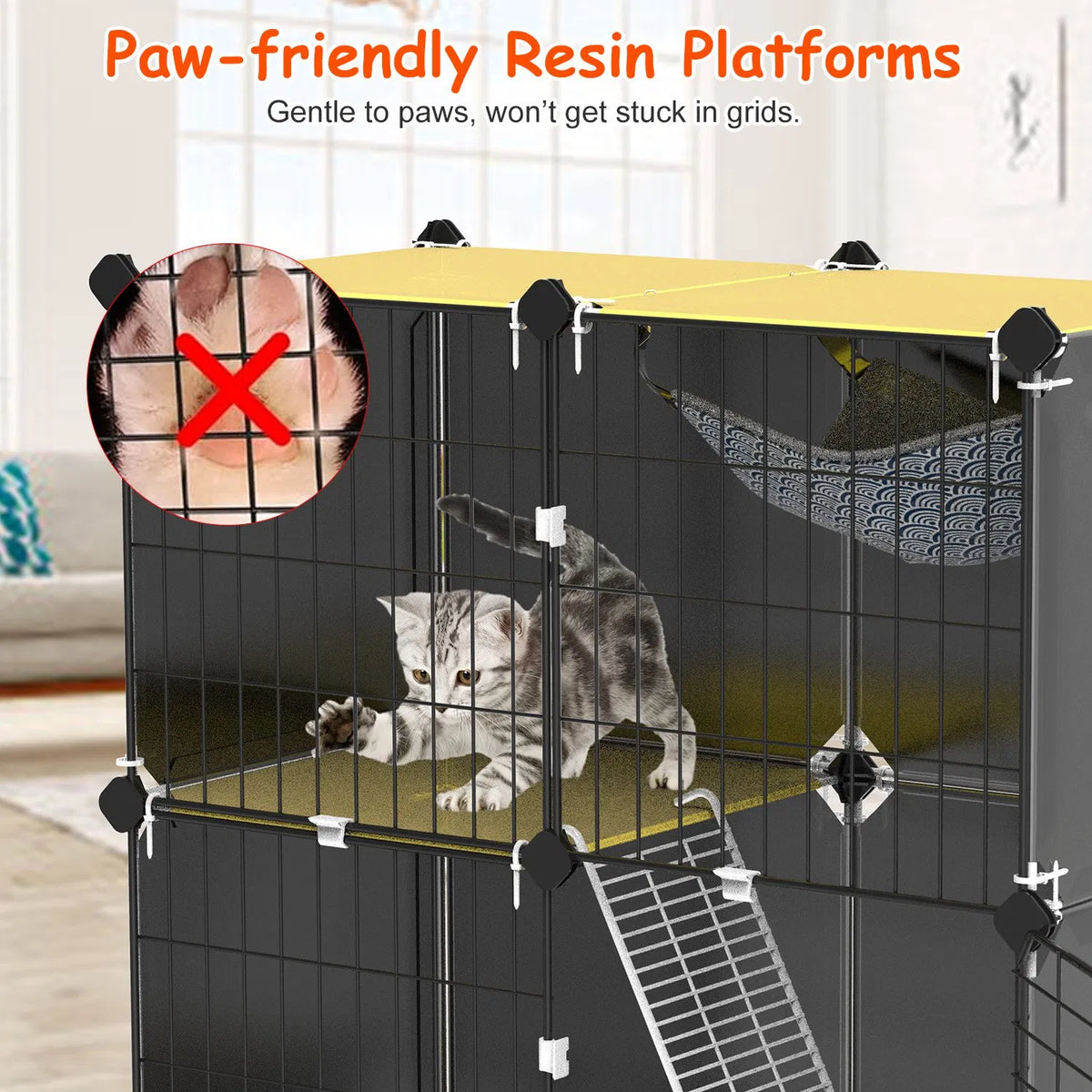 3-Tier Indoor Cat Cage with Pull-Out Litter Drawer, Ladder & Reversible Hammock โ view 3