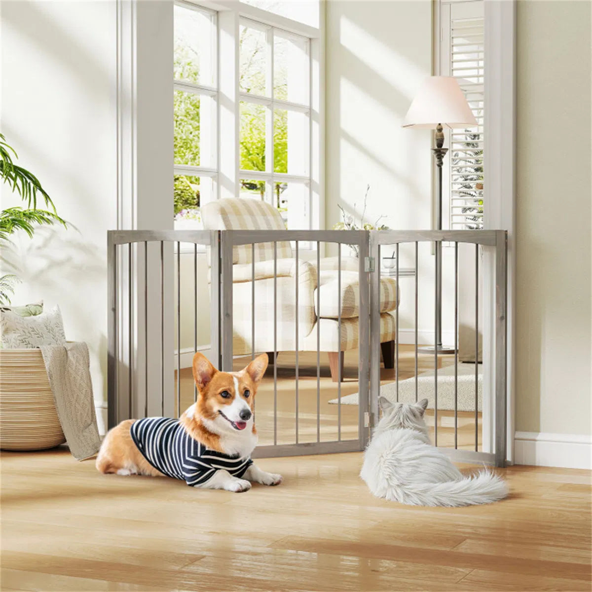 3-Panel Wooden Pet Fence – Gray, 63 x 30 in, Solid Fir Wood – view 5