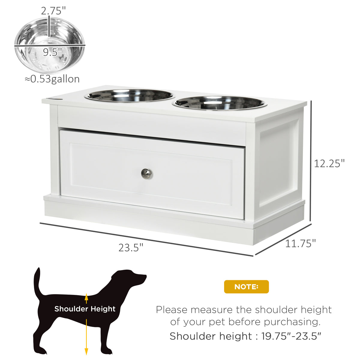 Elevated Dog Bowl Stand with 11L Storage Drawer & 2 Stainless Steel Bowls for Large Dogs, White โ view 3