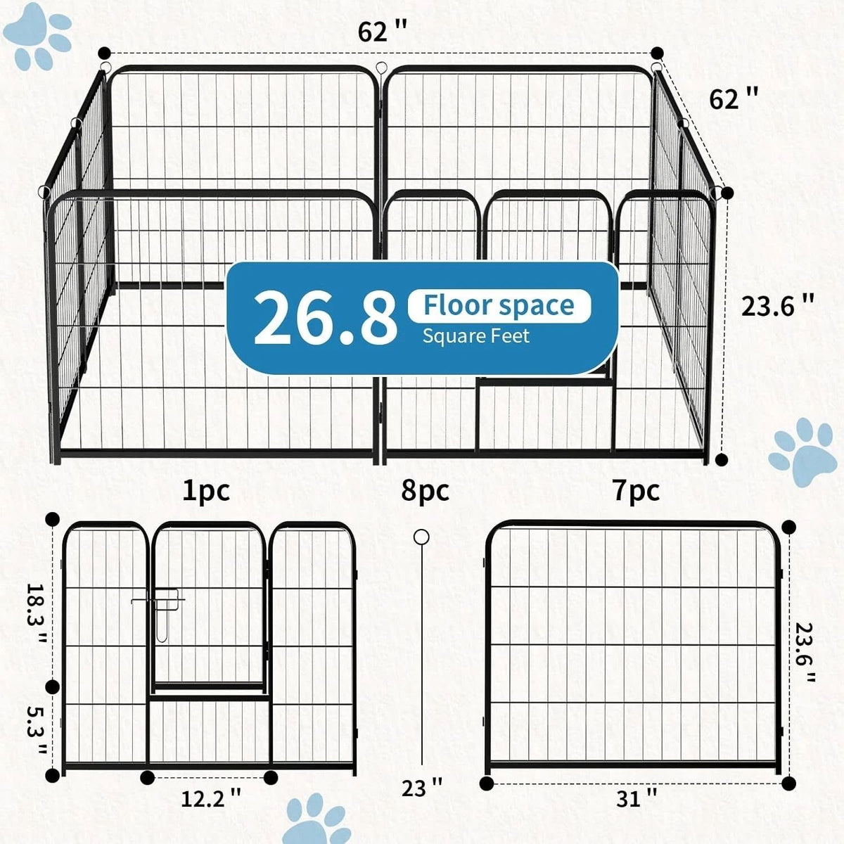8-Panel Metal Dog Playpen with Gate โ Indoor Outdoor Exercise Pen, Handle Lock, 24-Inch, Black โ view 2