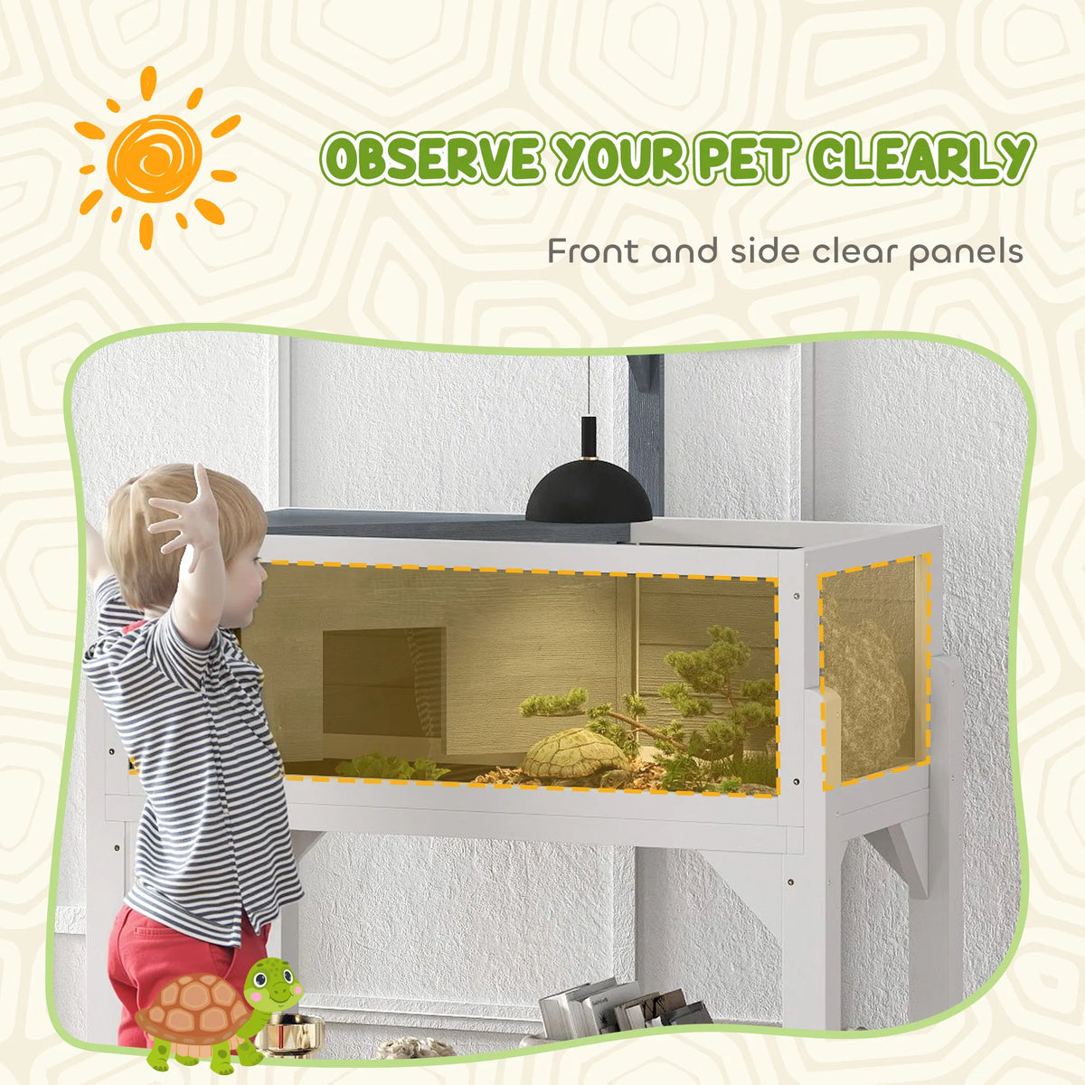 Fir Wood Tortoise House with Basking Room โ Clear Panels, Lamp Holder & Tray, Gray & White โ view 4