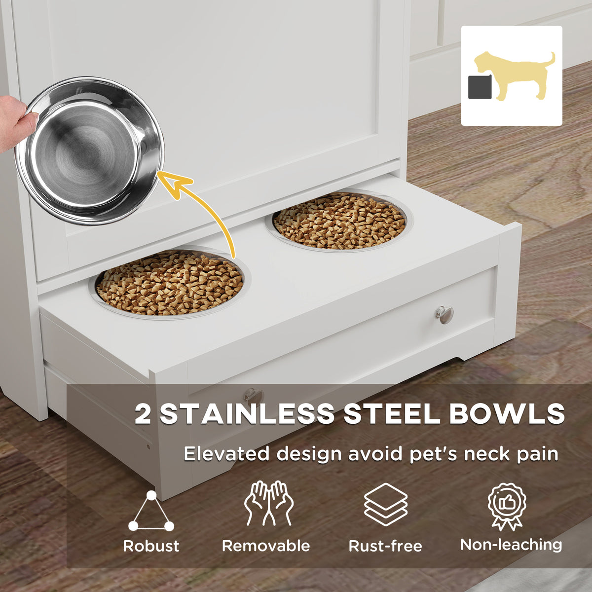 Dog Feeding Station with Two Storage Cabinets, Hidden Elevated Bowl Rack & Leash Hooks, White โ view 6