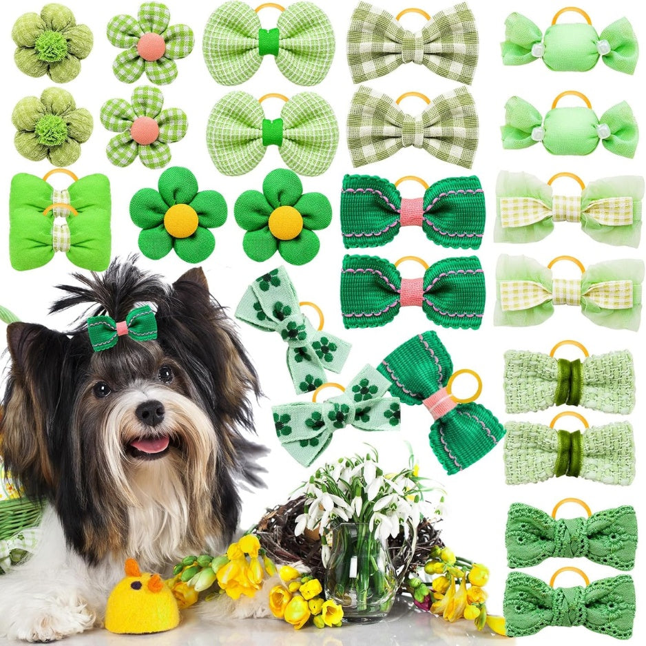Dog Hair Bows with Rubber Bands 20-Pack โ Handmade Rhinestone & Pearl Puppy Bows for Small & Medium Dogs