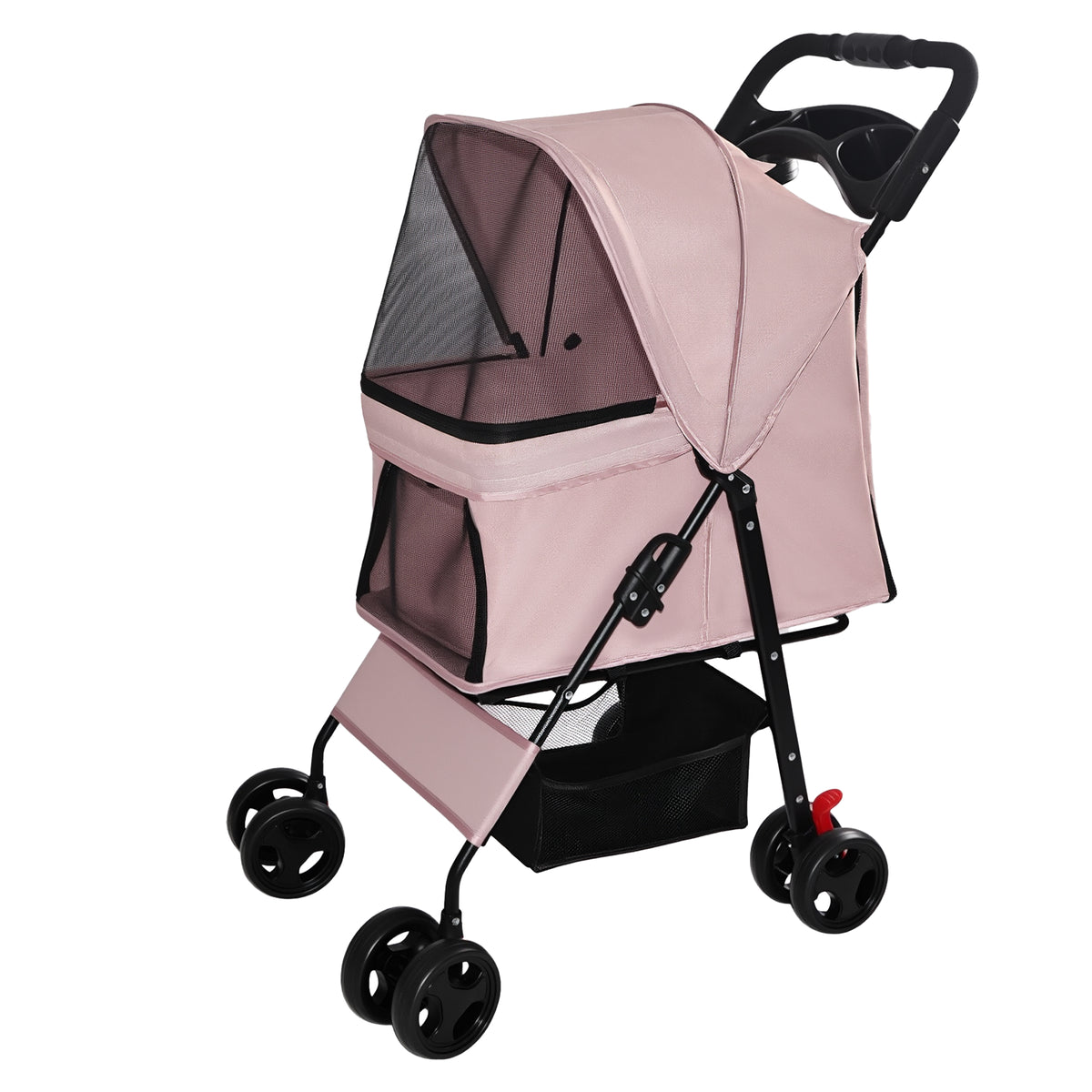 Foldable Pet Stroller for Small Dogs and Cats โ One-Hand Fold, Tray, Storage Basket, Pink โ view 3