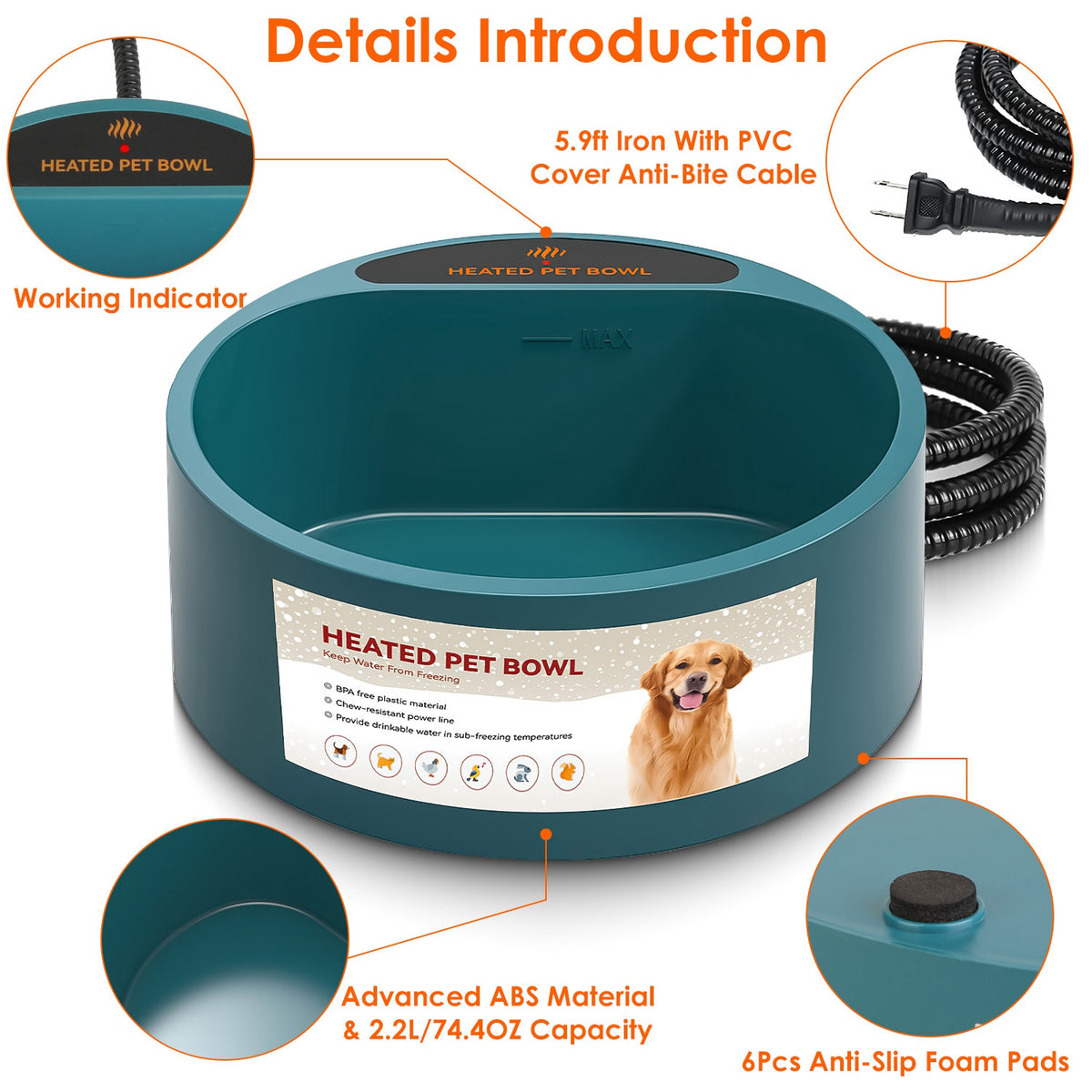 Heated Pet Water Bowl, 74.4 oz Thermostatic Winter Water Dish for Dogs, Cats & Rabbits, Army Green – view 4