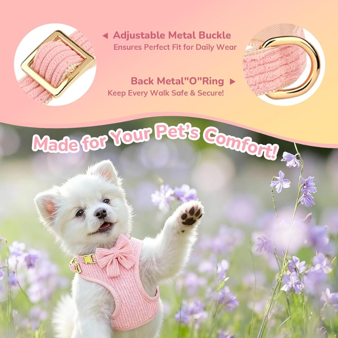 Small Dog Harness, Collar & Leash Set with Bow Tie โ No-Pull Breathable Cotton, Adjustable, Pink โ view 7