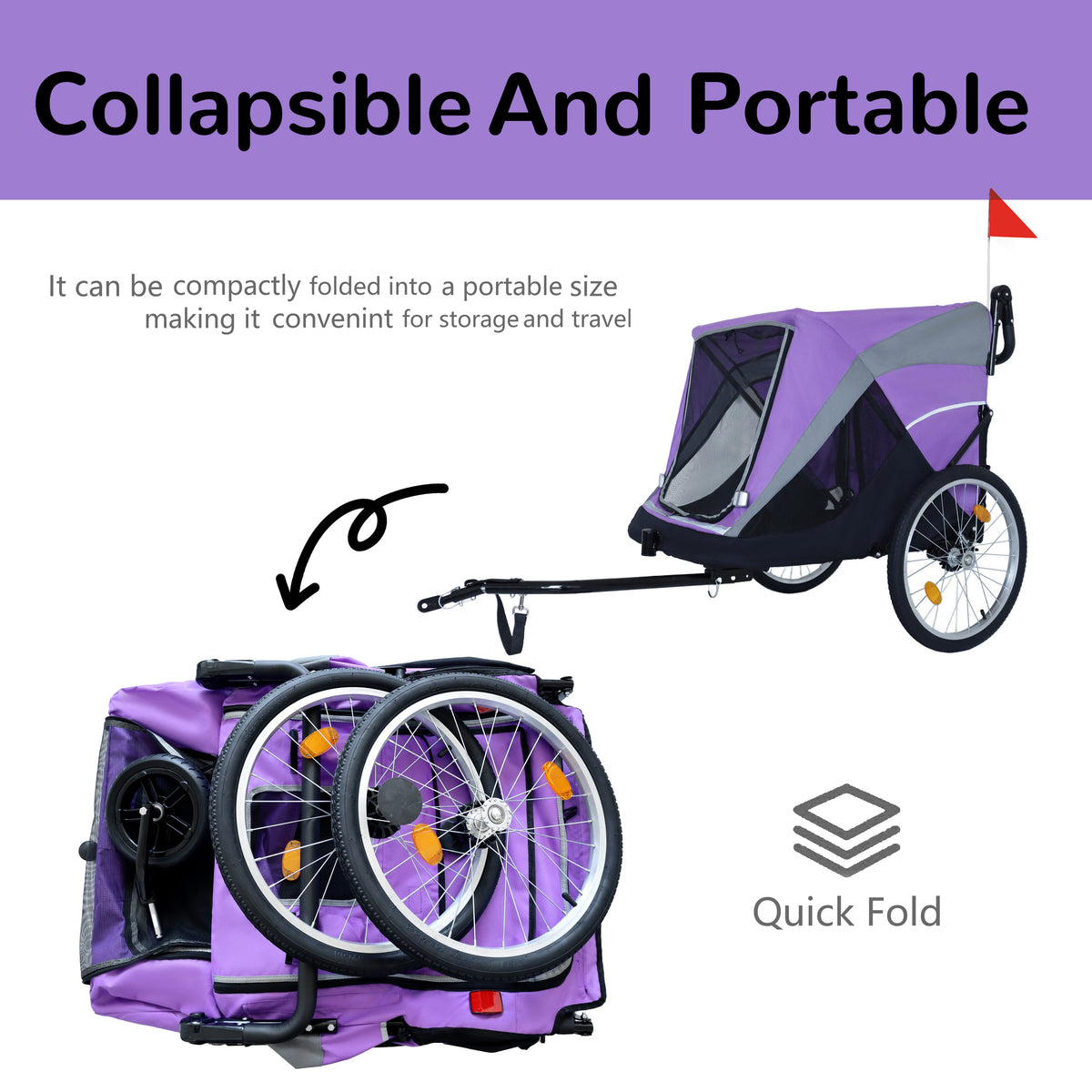 2-in-1 Dog Bike Trailer and Push Cart โ Quick-Release Wheels, Holds Up to 100 lbs, Purple and Black โ view 6