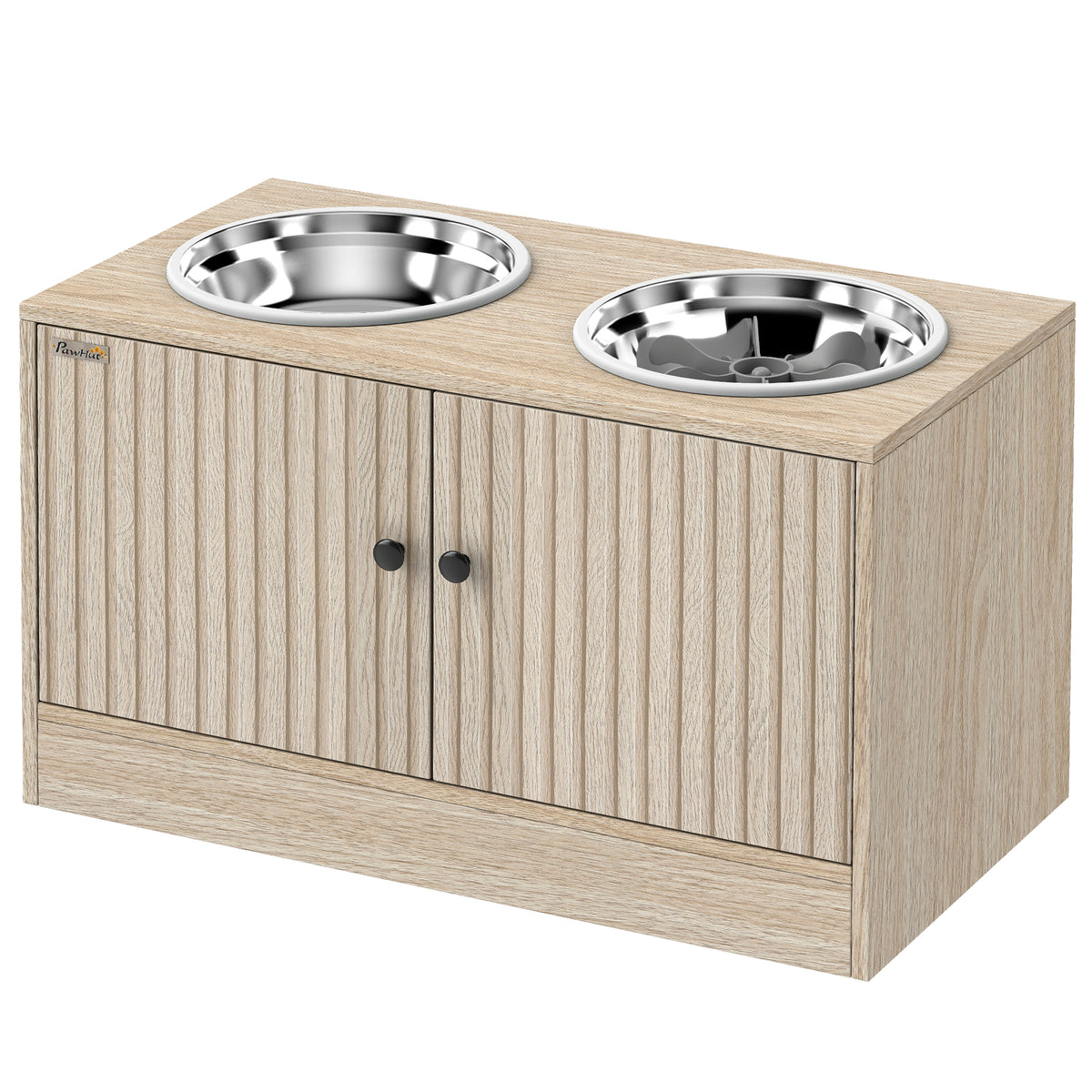 Elevated Dog Bowls with Storage Cabinet โ 2 Stainless Bowls & Slow Feeder Insert, Oak โ view 9
